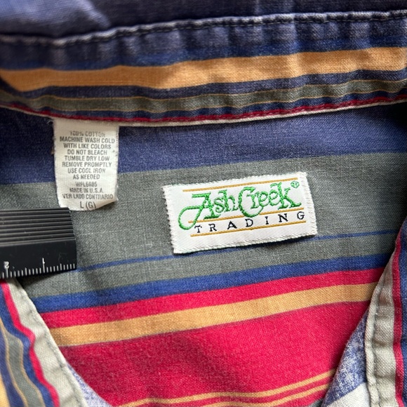 90s Ash Creek Trading Short Sleeve Button Down Vertical Stripe Large Blue Red - Picture 3 of 3